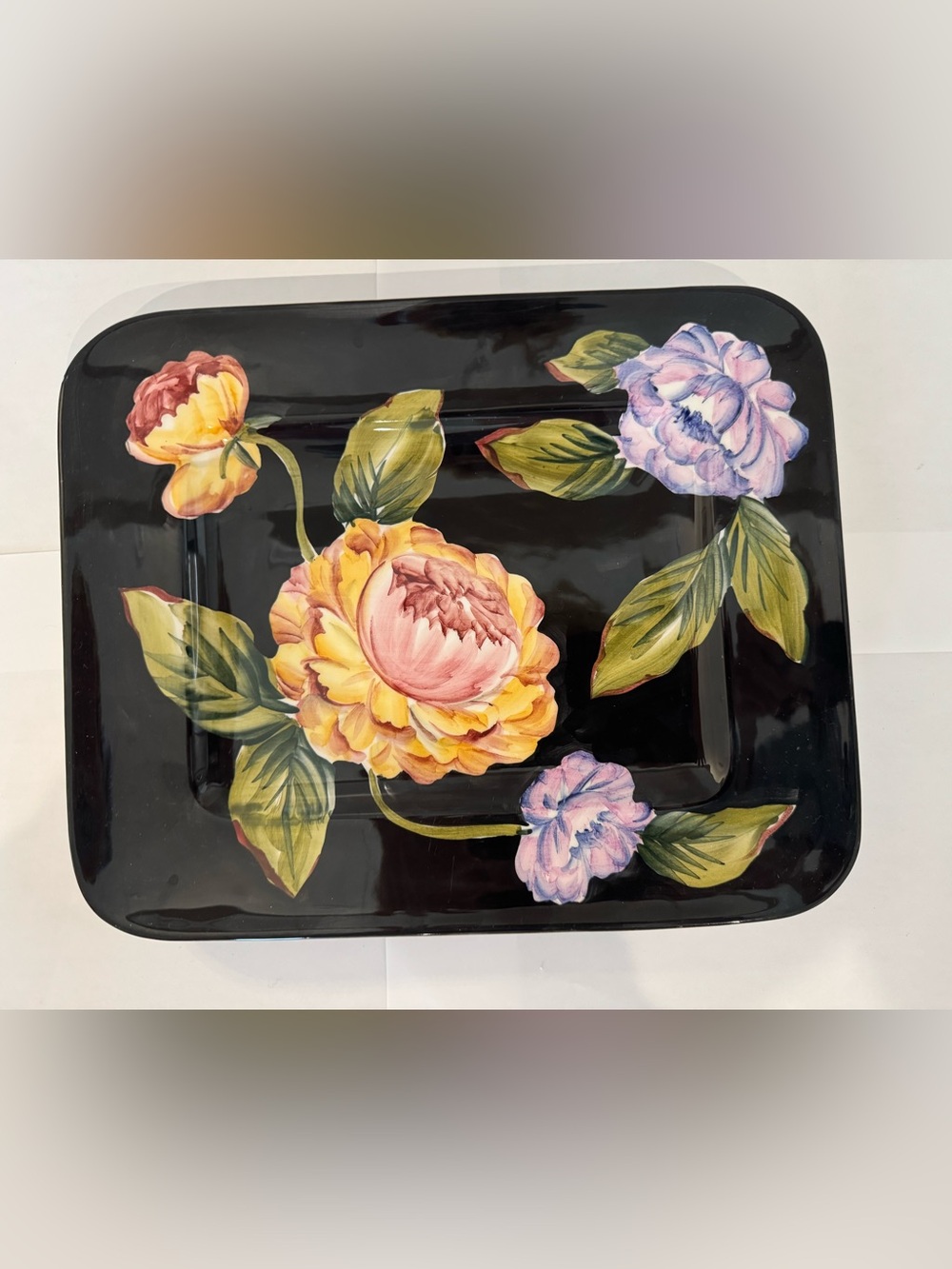 12" x 10" Hand Painted Italian Platter Black Background Purple Yellow Florals